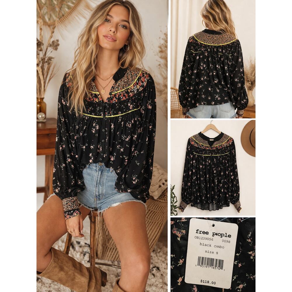 Free People Paloma Printed Blouse Black Combo Floral Boho Peasant Top Size S NWT
